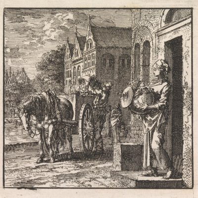 Frau vor einem Haus mit einem Mülleimer in Form des Globus von Jan Luyken
