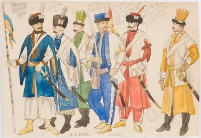 Kostümstudien - Reihe von männlichen Figuren in Militäruniformen von Jan Matejko