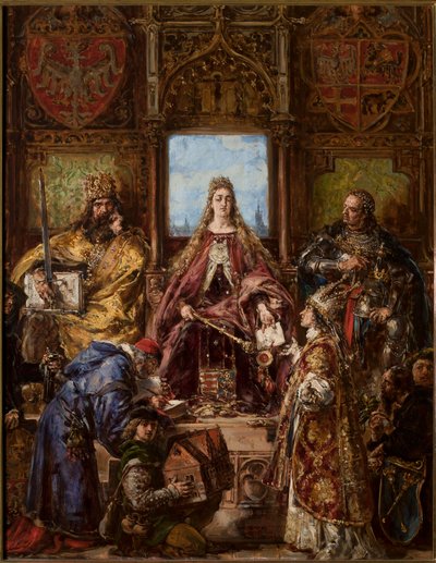 Die Gründung der Hauptschule, gefestigt durch ihre Verlegung nach Krakau. R.P. 1361-1399-1400 von Jan Matejko