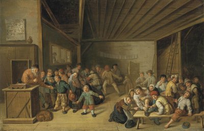 Ein Klassenzimmerinterieur mit einem Lehrer auf einem Podium und Schülern, die Spaß haben von Jan Miense Molenaer