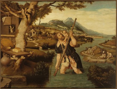 Landschaft mit Heiligem Christophorus, erste Hälfte des 16. Jahrhunderts von Jan Mostaert