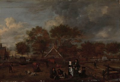 Bauernhof mit dem Gutsherrn und seiner Frau und dem Maler im Vordergrund von Jan Pietersz Opperdoes