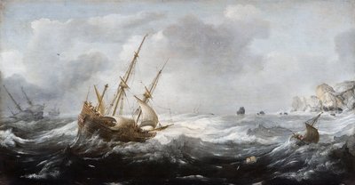 Schiffe in einem Sturm an einer felsigen Küste (1614-1618) von Jan Porcellis
