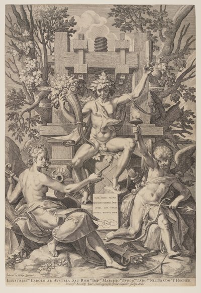 Bacchus sitzt auf einem Fass von Jan Sadeler I