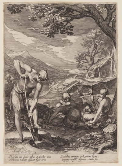 Adam und Eva bei der Arbeit, aus der Geschichte der ersten Eltern der Menschheit von Jan Saenredam