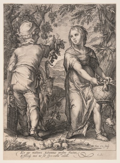 Herbst (Junge und Mädchen ernten Früchte), aus Die vier Jahreszeiten von Jan Saenredam