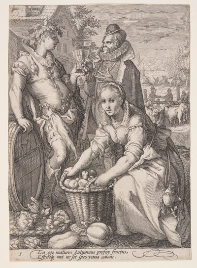 Herbst (Ernte und Weinprobe), aus Die vier Jahreszeiten von Jan Saenredam