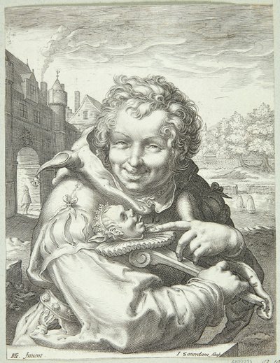 Lächelnder Narr mit einer Marotte von Jan Saenredam