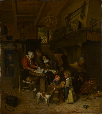 Eine Szene in einer Bauernküche mit einem Diener, der den Tisch deckt von Jan Steen