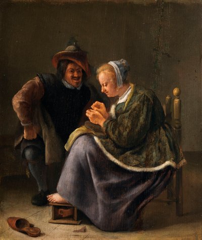 Eine Frau, die einen Strumpf stopft von Jan Steen