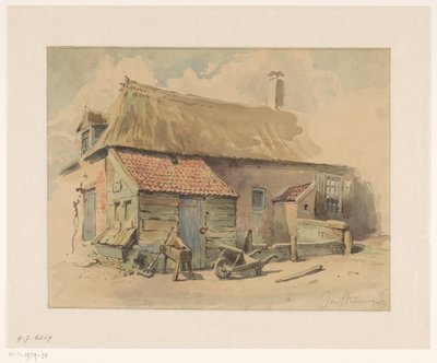 Bauernhaus mit Holzvorbau, davor eine Schubkarre und ein Schleifstein von Jan Striening