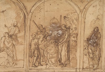 Entwurf für ein Triptychon mit der Anbetung der zwei Heiligen, frühes 17. Jahrhundert von Jan Symonsz. Pynas