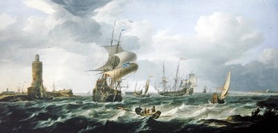 Flussmündung mit niederländischer Schifffahrt bei steifer Brise von Jan Theunisz Blankerhoff
