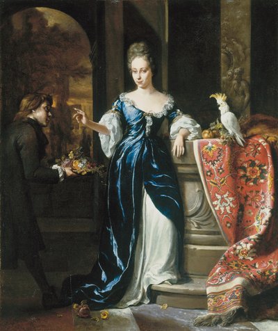 Porträt von Lodewina Schey in einem blauen Kleid, mit einem Begleiter, der Blumen trägt von Jan Baptist Weenix