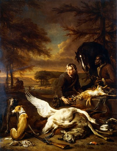 Die Beute einer Jagd mit einem Jagddiener und einem schwarzen Pagen, der ein Pferd hält, 1700 von Jan Baptist Weenix