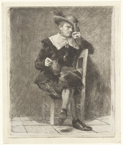 Mann mit Krug und Glas auf einem Stuhl von Jan Weissenbruch