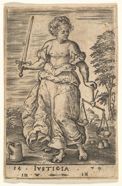 Gerechtigkeit, eine allegorische Figur mit einer Waage in der linken Hand und einem Schwert in der rechten von Jan Wierix