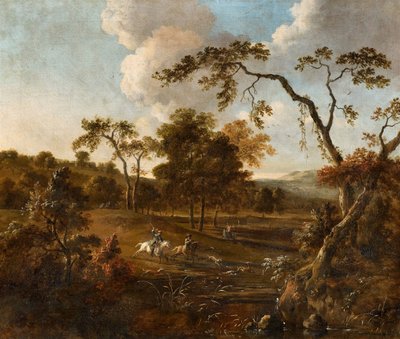 Landschaft mit Hügeln und einer Hirschjagd von Jan Wijnants