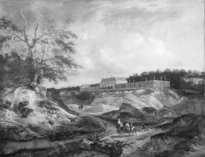 Ein Herrenhaus auf einem steilen Kreidehügel von Jan Wouwerman