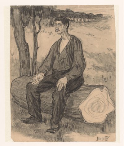Mann sitzend auf Baumstamm von Jan de Waardt (signed by artist)