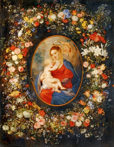 Die Jungfrau, das Jesuskind und Engel in einer Blumengirlande. Medaillon Rubens von Jan the Elder Brueghel