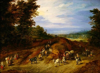 Landschaft mit Bauern, Karren und Tieren von Jan the Elder Brueghel
