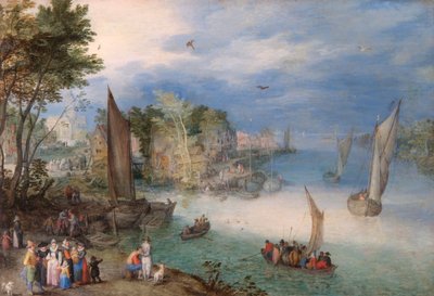 Flusslandschaft mit Booten und Figuren von Jan the Elder Brueghel