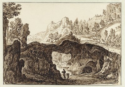 Felsige Berglandschaft mit zwei Reisenden im Vordergrund von Jan van Almeloveen