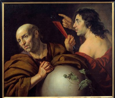 Heraklit und Demokrit Die griechischen Philosophen Heraklit von Ephesos (Heraklit) (535-475 v. Chr.) und Demokrit (Demokrit) (460-370 v. Chr.). Gemälde von Jan van Bijlert (1597-1671) 17. Jahrhundert Utrecht. Zentralmuseum von Jan van Bijlert or Bylert