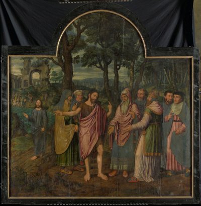 Johannes der Täufer ermahnt die Pharisäer, Mittelteil eines Triptychons von Jan van Coninxloo (II)