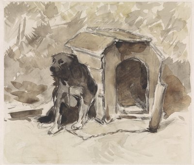 Hund, angeleint sitzend vor seiner Hütte von Jan van Essen