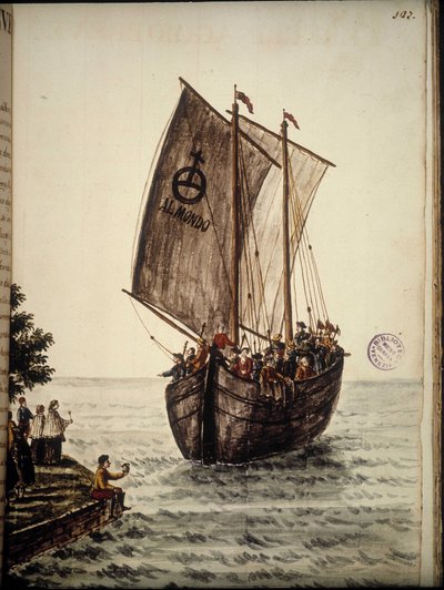 Boot der Pilger. Aquarellzeichnung und Tinte aus dem Manuskript „Sitten der Venezianer“ von Jan van Grevenbroeck (oder Giovanni Grevembroch) (1731-1807) von Jan van Grevenbroeck