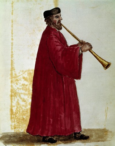 Flötenspieler Aquarellzeichnung und Tinte aus dem Manuskript „Sitten der Venezianer“ von Jan van Grevenbroeck von Jan van Grevenbroeck