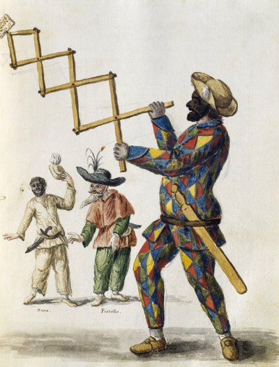 Harlekin, Aquarell aus Die venezianische Kleidung, aus fast jedem Zeitalter sorgfältig gesammelt und im 18. Jahrhundert gemalt von Jan van Grevenbroeck