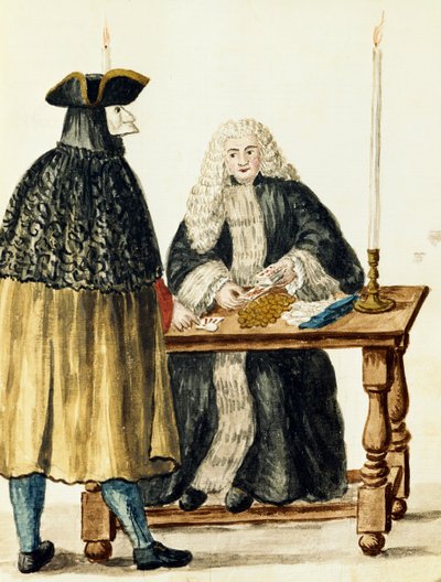 Richter spielt Karten mit maskiertem Mann, von Jan Grevenbroeck (1731-1807), Italien von Jan van Grevenbroeck