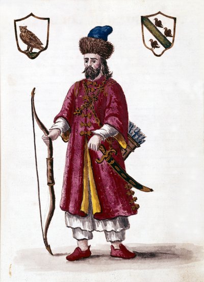 Marco Polo. Aquarellzeichnung und Tinte aus dem Manuskript „Customs of the Venitians“ von Jan van Grevenbroeck (oder Giovanni Grevembroch (Grevenbroch) (1731-1807) von Jan van Grevenbroeck