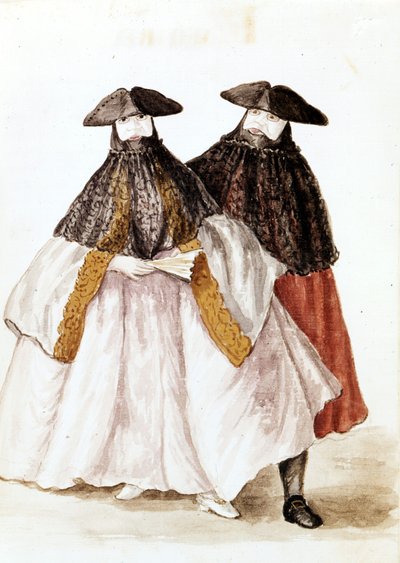 Masken des Karnevals von Venedig. Aquarellzeichnung und Tinte aus dem Manuskript „Sitten der Venezianer“ von Jan van Grevenbroeck (oder Giovanni Grevembroch (Grevenbroch) (1731-1807) von Jan van Grevenbroeck