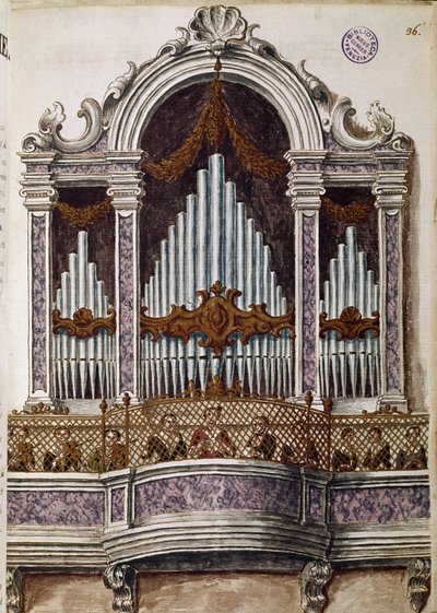 Waisen singen, Orgel des Chors der Kirche des Ospedale della Pietà, Venedig. Aquarellzeichnung und Tinte aus dem Manuskript „Sitten der Venezianer“ von Jan van Grevenbroeck (1731-1807) von Jan van Grevenbroeck