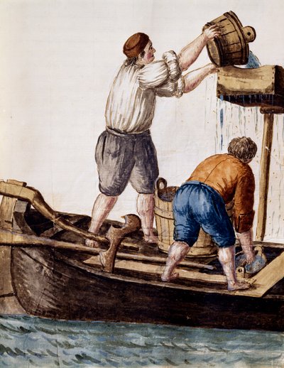 Durchsieben von Kanalwasser auf der Suche nach verlorenen Gegenständen, Illustration aus dem illustrierten Buch der venezianischen Kostüme, von Jan Grevenbroeck (1731-1807), Aquarell, Italien von Jan van Grevenbroeck