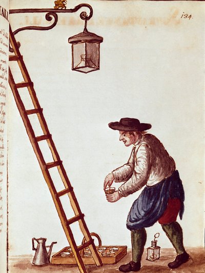 Kleine Berufe: Lampen anzünden Aquarellzeichnung und Tinte aus einem Manuskript von Jan van Grevenbroeck (1731-1807) von Jan van Grevenbroeck