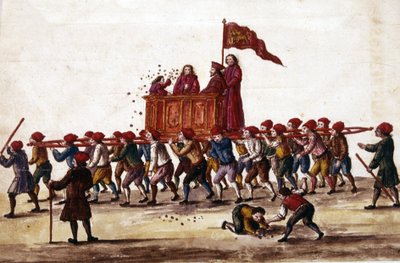 Venezianische Feste. Der gerade gewählte Prinz wird von den Arsenalarbeitern triumphierend zum Markusplatz getragen. Während des Kurses wirft er Münzen auf die Menge. Aquarellzeichnung und Tinte aus dem Manuskript „Bräuche der Venezianer“ von Jan van Grevenbroeck