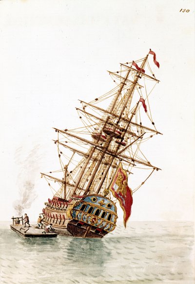 Venezianisches Schiff, das im Rumpf abgeschossen wurde, um repariert zu werden. Aquarellzeichnung und Tinte aus dem Manuskript „Sitten der Venezianer“ von Jan van Grevenbroeck (oder Giovanni Grevembroch (Grevenbroch) (1731-1807) von Jan van Grevenbroeck