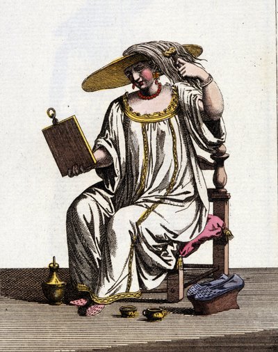 Venezianische Methode der Frauen, ihr Haar in der Sonne aufzuhellen im 17. - 18. Jahrhundert. Aquarellzeichnung und Tinte aus dem Manuskript „Bräuche der Venezianer“ von Jan van Grevenbroeck (oder Giovanni Grevembroch) (1731-1807) von Jan van Grevenbroeck