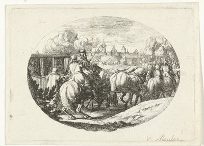 Armee und Kutschen ziehen in die Stadt von Jan van Huchtenburg