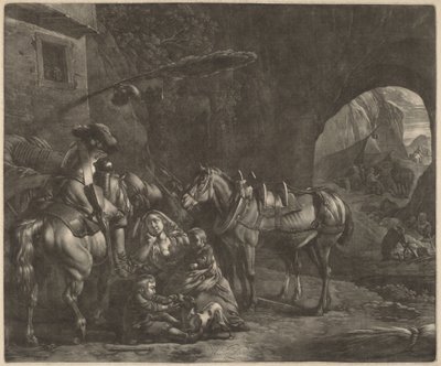Mutter mit zwei Kindern und einem Pferd vor einem Gasthaus von Jan van Huchtenburgh
