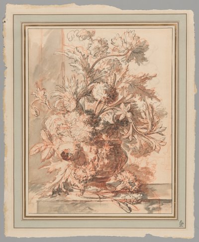 Blumen in einer Urne, verziert mit Putti, auf einem Sockel von Jan van Huysum