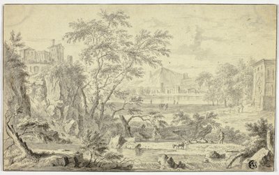 Italienische Landschaft mit Hirte und Herde am Bach, Stadt in der Ferne von Jan van Huysum