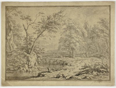 Landschaft mit Hirten am Fluss und Mann zu Pferd von Jan van Huysum