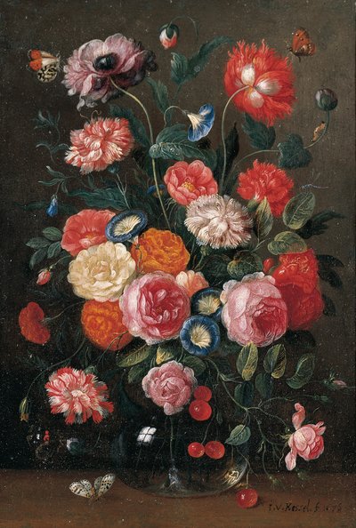 Rosen, Nelken, Prunkwinde, eine Mohnblume und ein Kirschzweig in einer Glasvase, ein Mauerfuchs, ein Aurorafalter, ein Admiral und ein Magpie-Schmetterling auf einem Tisch, 1676 von Jan van Kessel