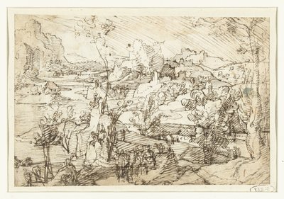 Landschaft mit Felsen, Figuren und einem Segelschiff von Jan van Scorel (attributed to)